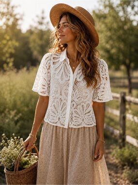 NWT La Reyna White Lace Crochet Button Front Blouse Size Small Cottagecore Boho
